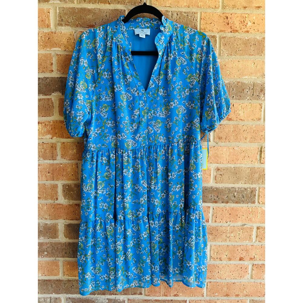 CeCe Women's Blue Floral Print Baby Doll Mini Dress Size M - Picture 2 of 8